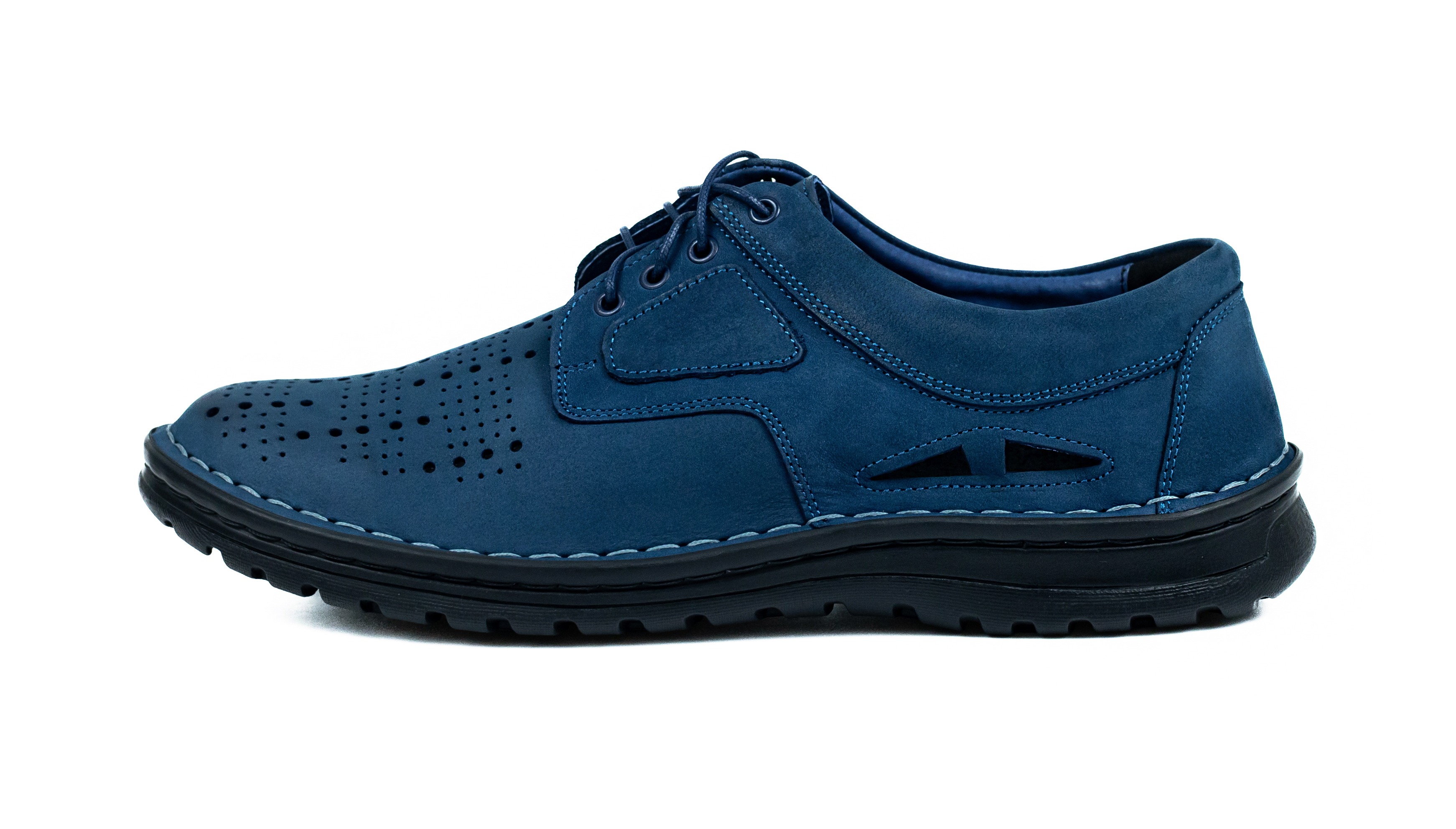 Niebieskie półbuty skórzane sznurowane skóra nubuk casual 229 dziurkowane